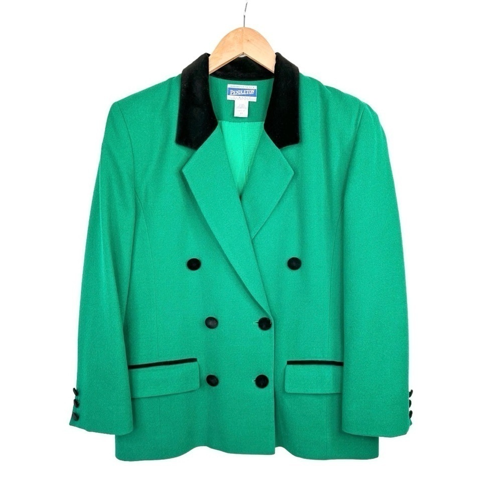 Pendleton vintage 90s velvet collar green wool blazer double breasted jacket 10